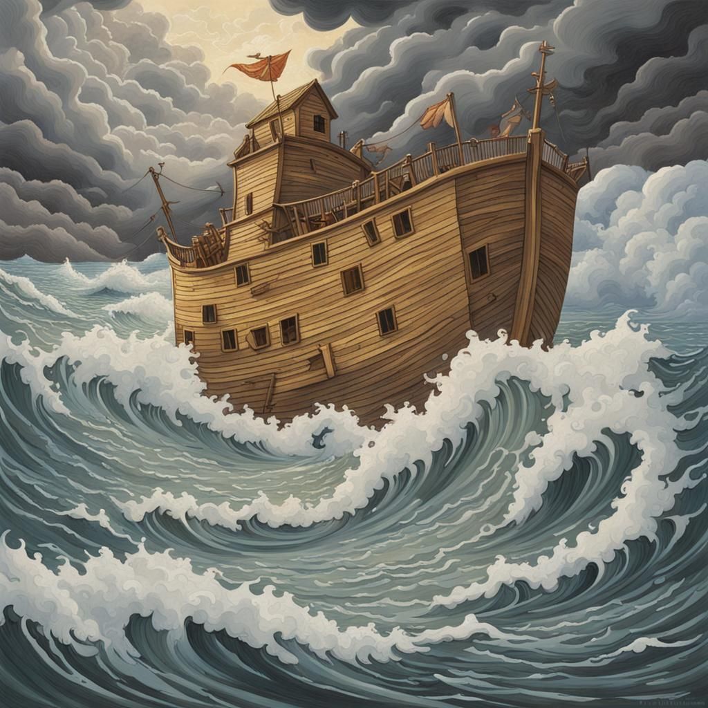Noah's Ark Amidst Stormy Seas: Gouache Painting