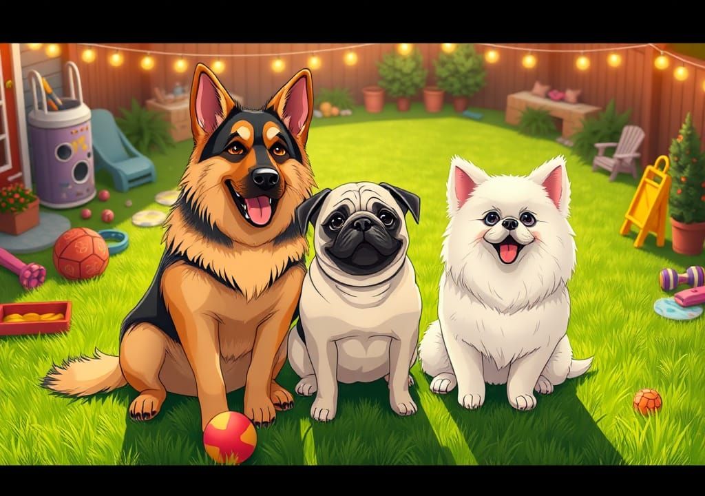 Anime Dogs on Green Lawn in Studio Trigger Style