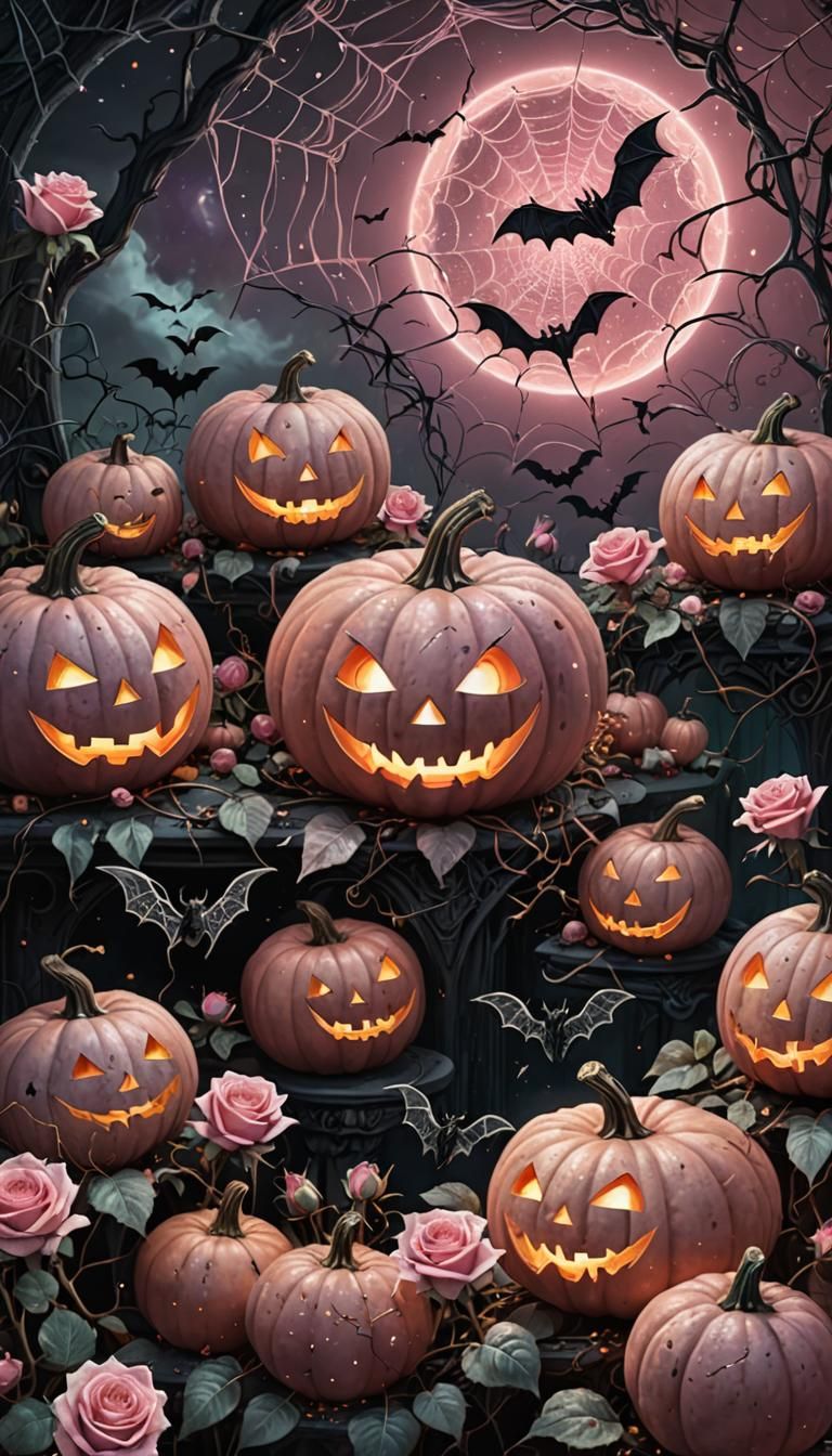 Halloween Pumpkins and Roses in Cosmic Illustration