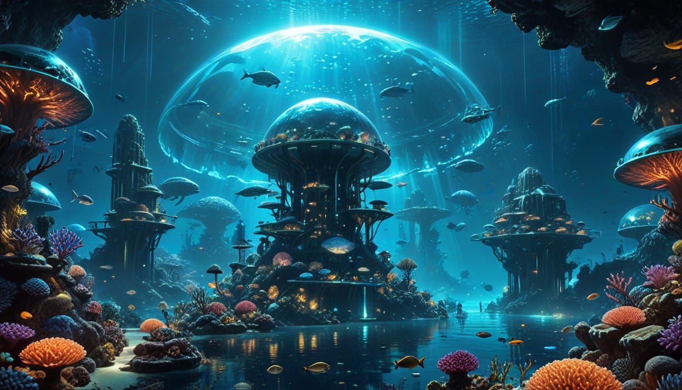 Underwater City with Bioluminescent Coral and Cyborgs