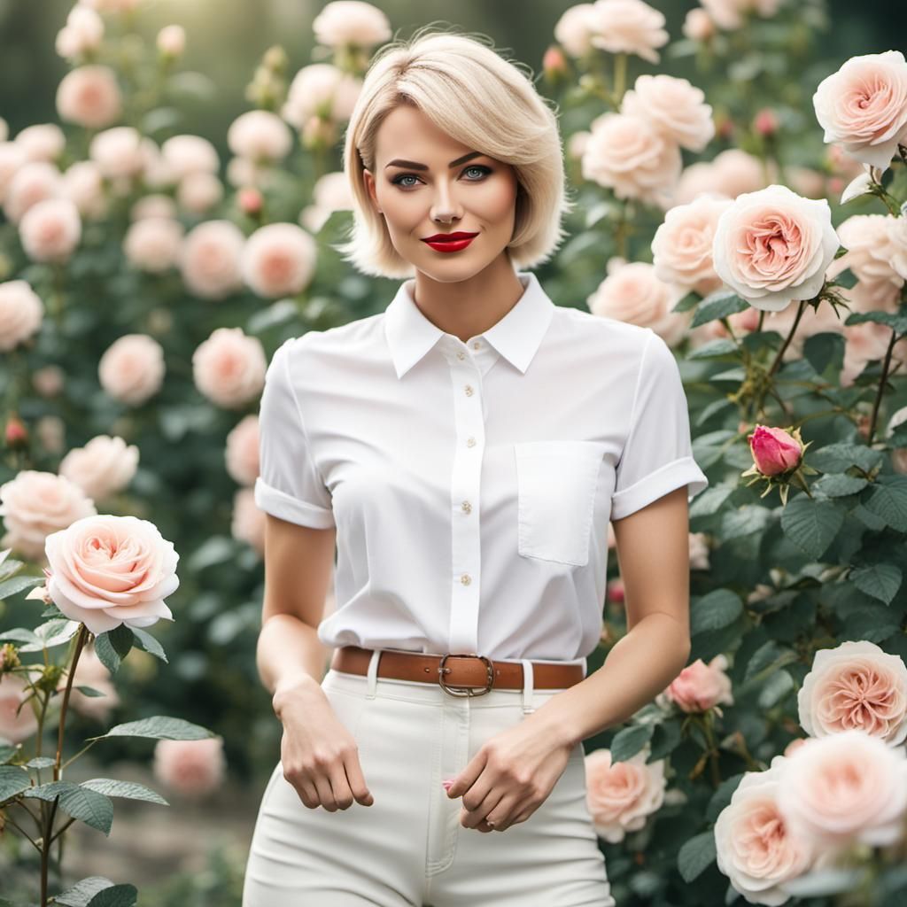Beautiful Woman with Blonde Hair in Rose Garden
