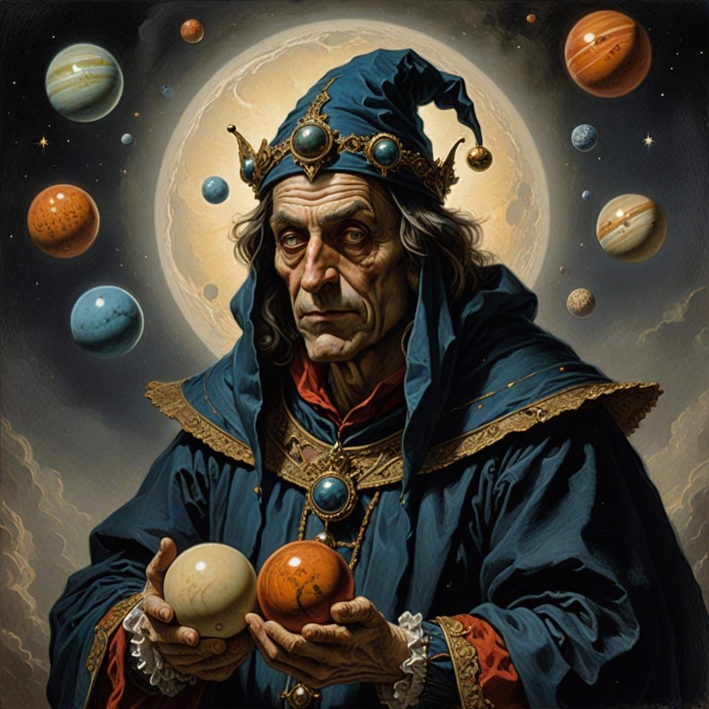 Sinister Jester Holding Planets in Horror Art Style