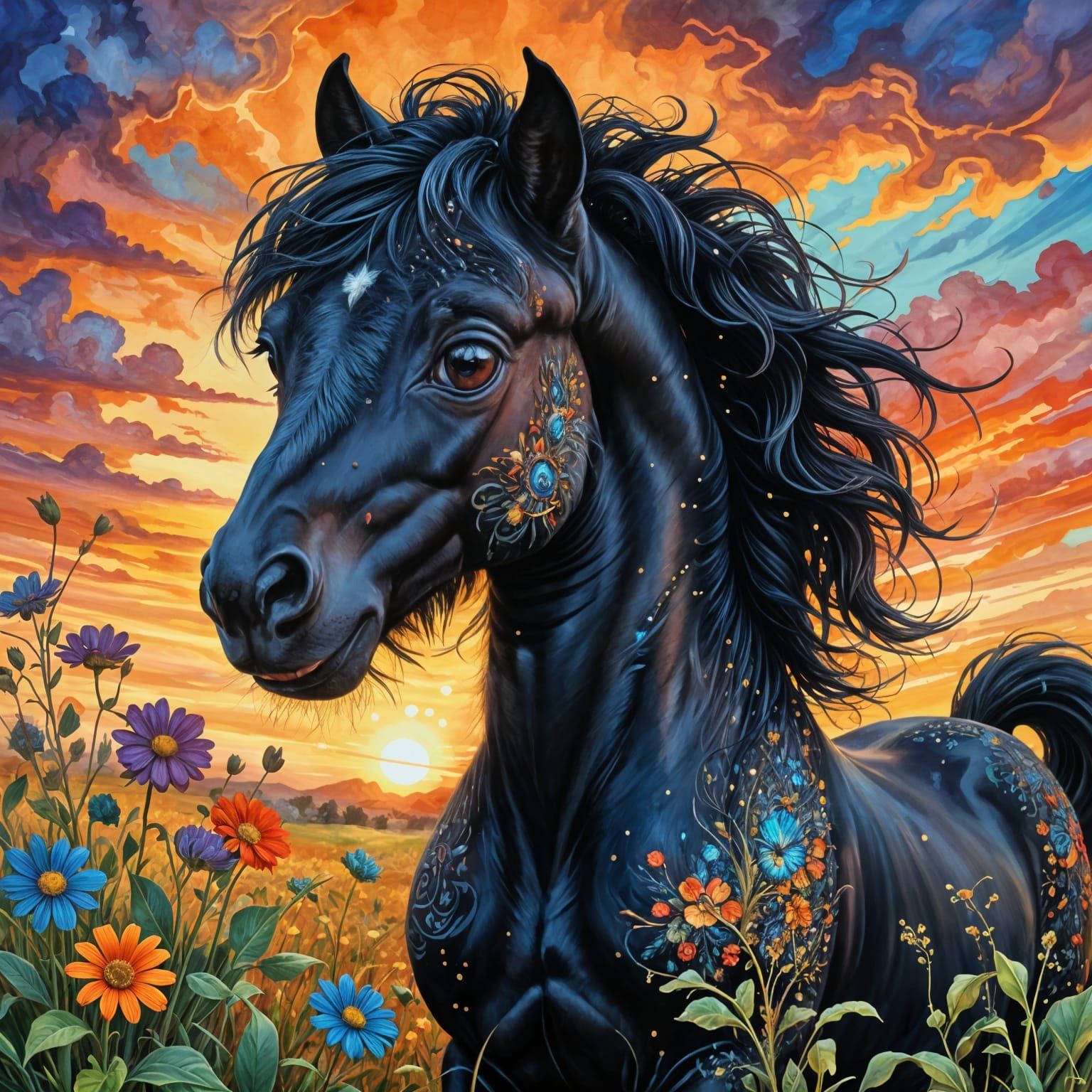 Whimsical Black Horse in Sunset Field, Oil on Canvas Waterco...