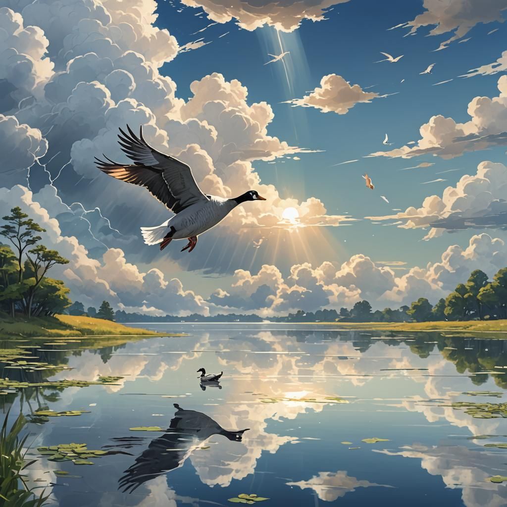 Goose Gazing at Zeus, Ghibli-Shinkai Style