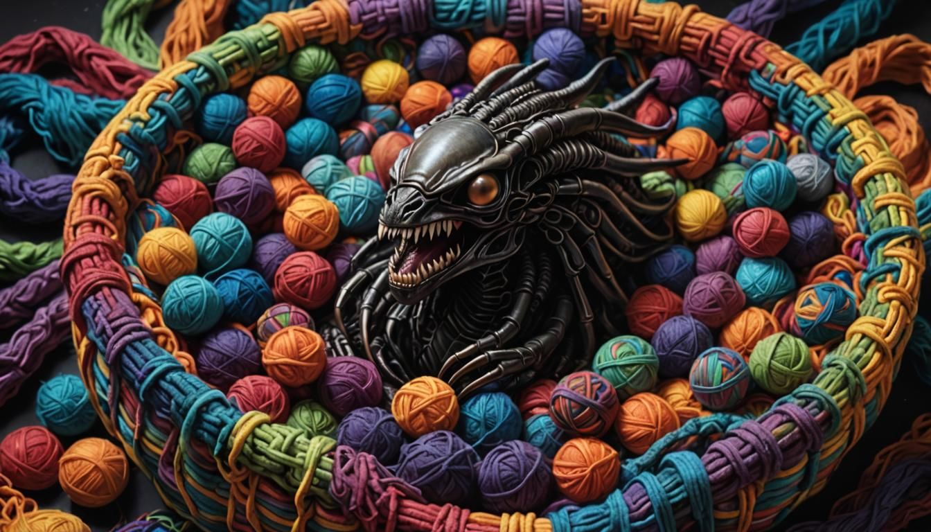 Xenomorph Kitten Plays with Wool in Space, Hyperreal Sci-Fi