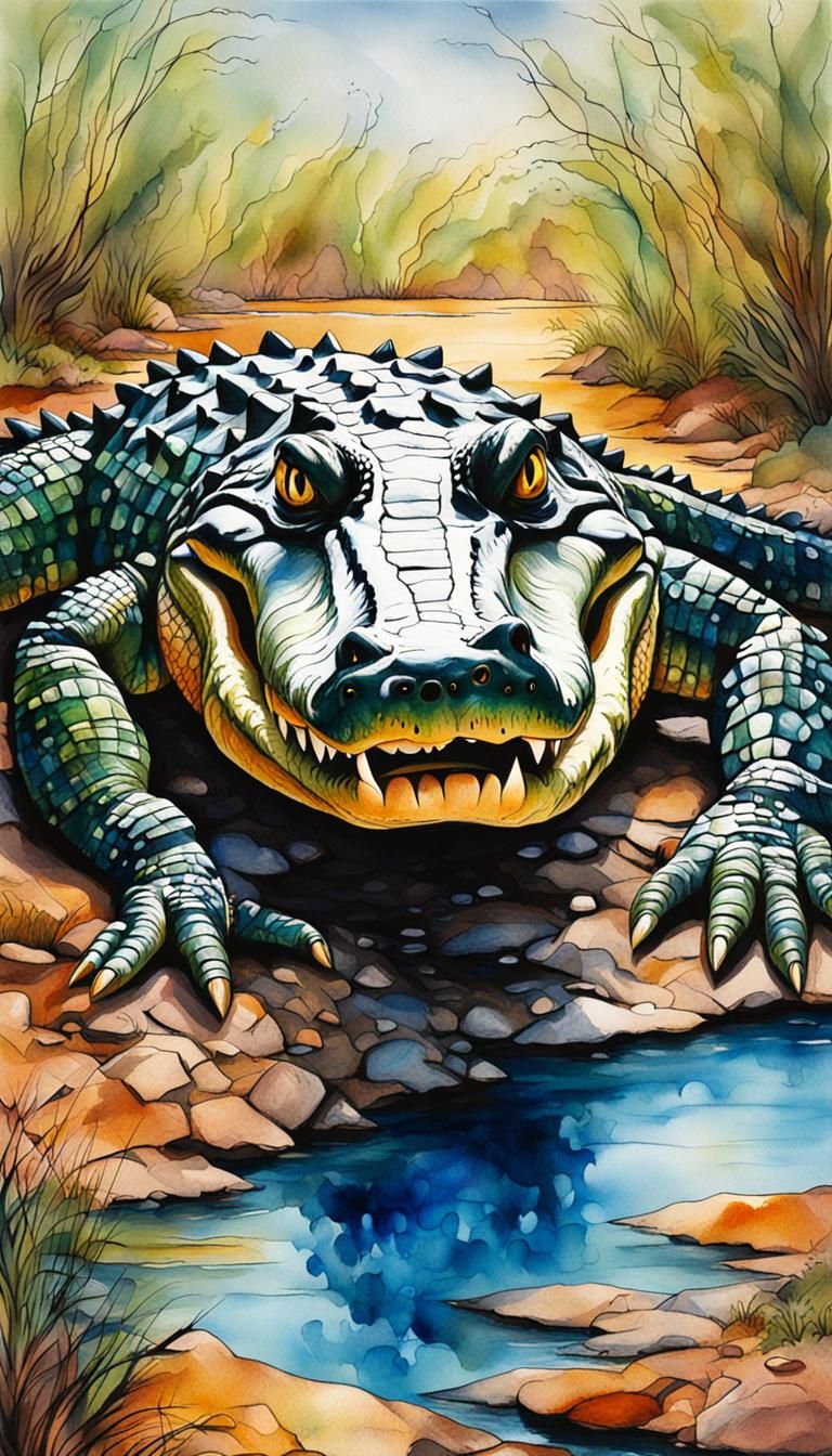 Saltwater Crocodile in Alcohol Ink Style