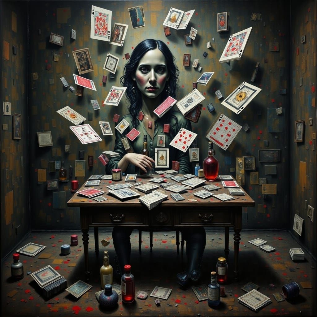 Distorted Face Amidst Swirling Cards