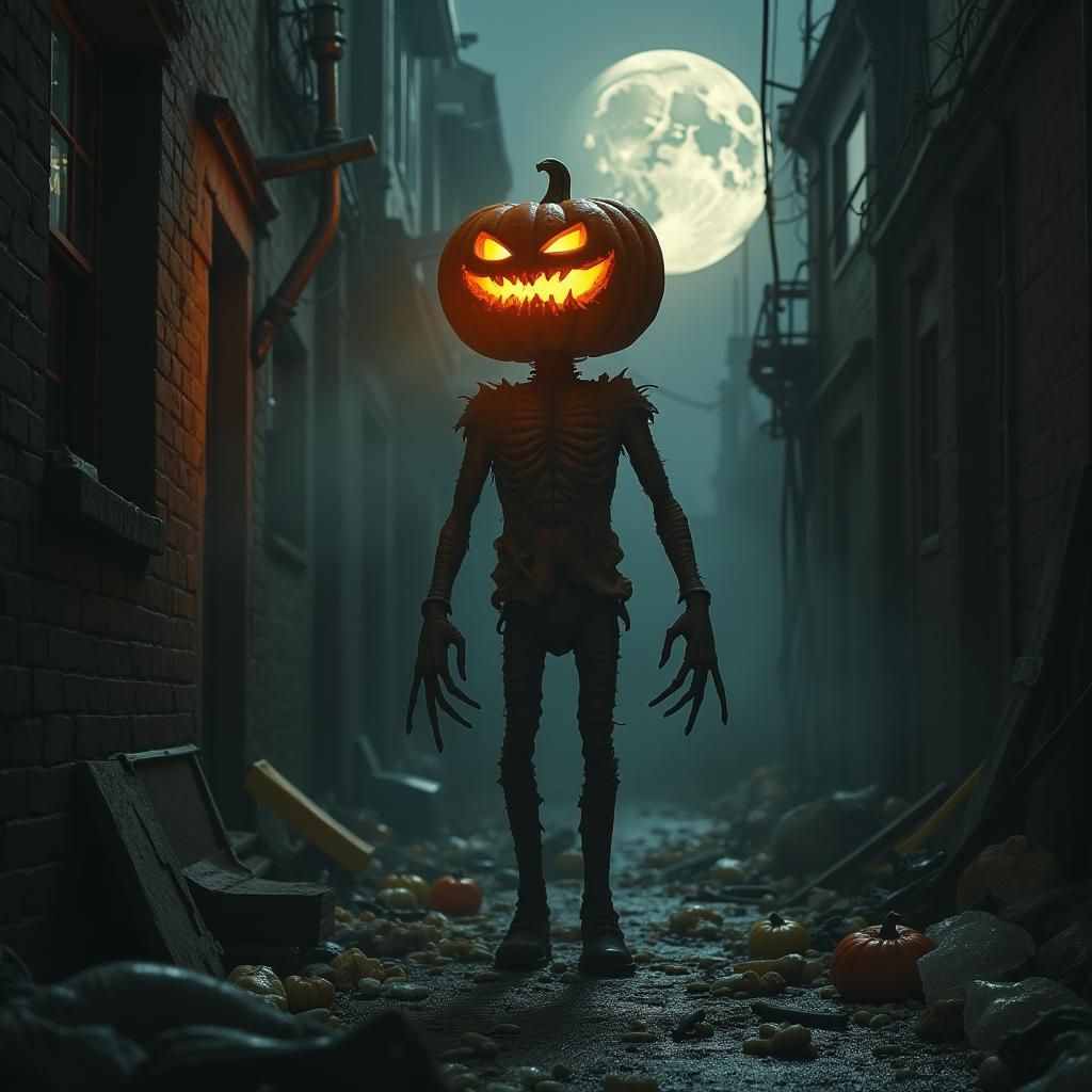 Ominous Jack-o'-Lantern Figure in Misty Alleyway