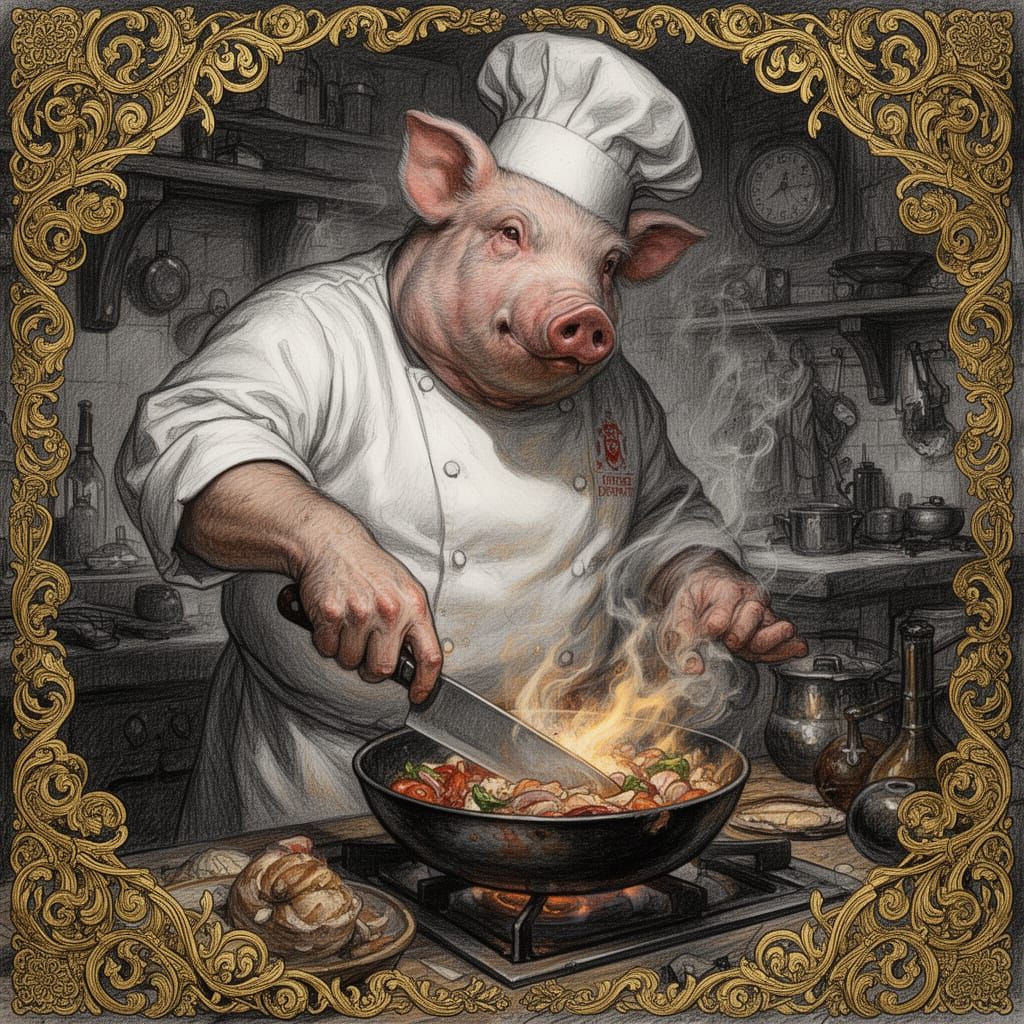 Corpulent Chef with Pig Head Masterfully Cooking