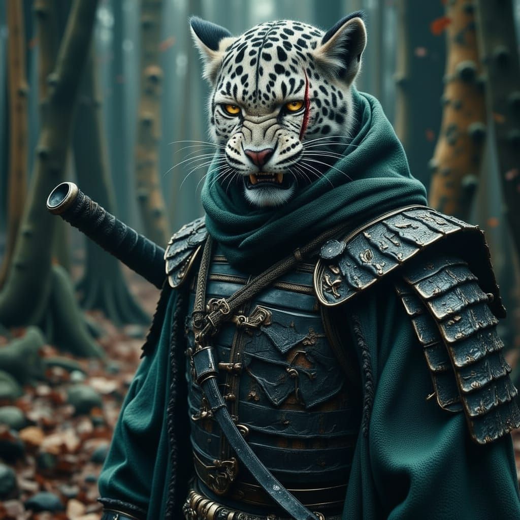 Snow Leopard Samurai in Detailed Armor