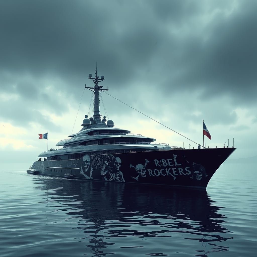 A huge super luxury yacht, in a gothic style of skulls and b...