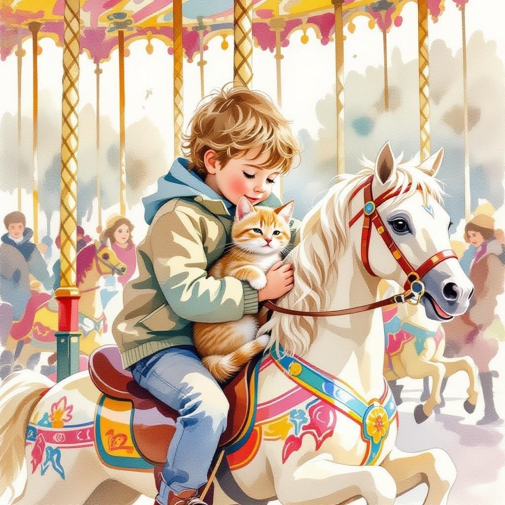 Child Holds Beige Cat on Carousel Horse in Watercolor Style