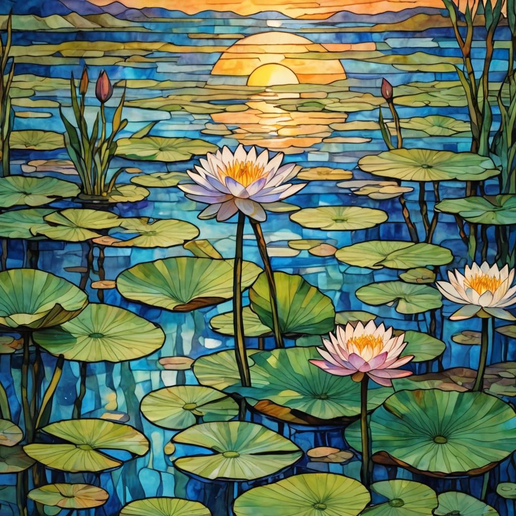 Art Nouveau Stained Glass Water Lily in Gouache Style