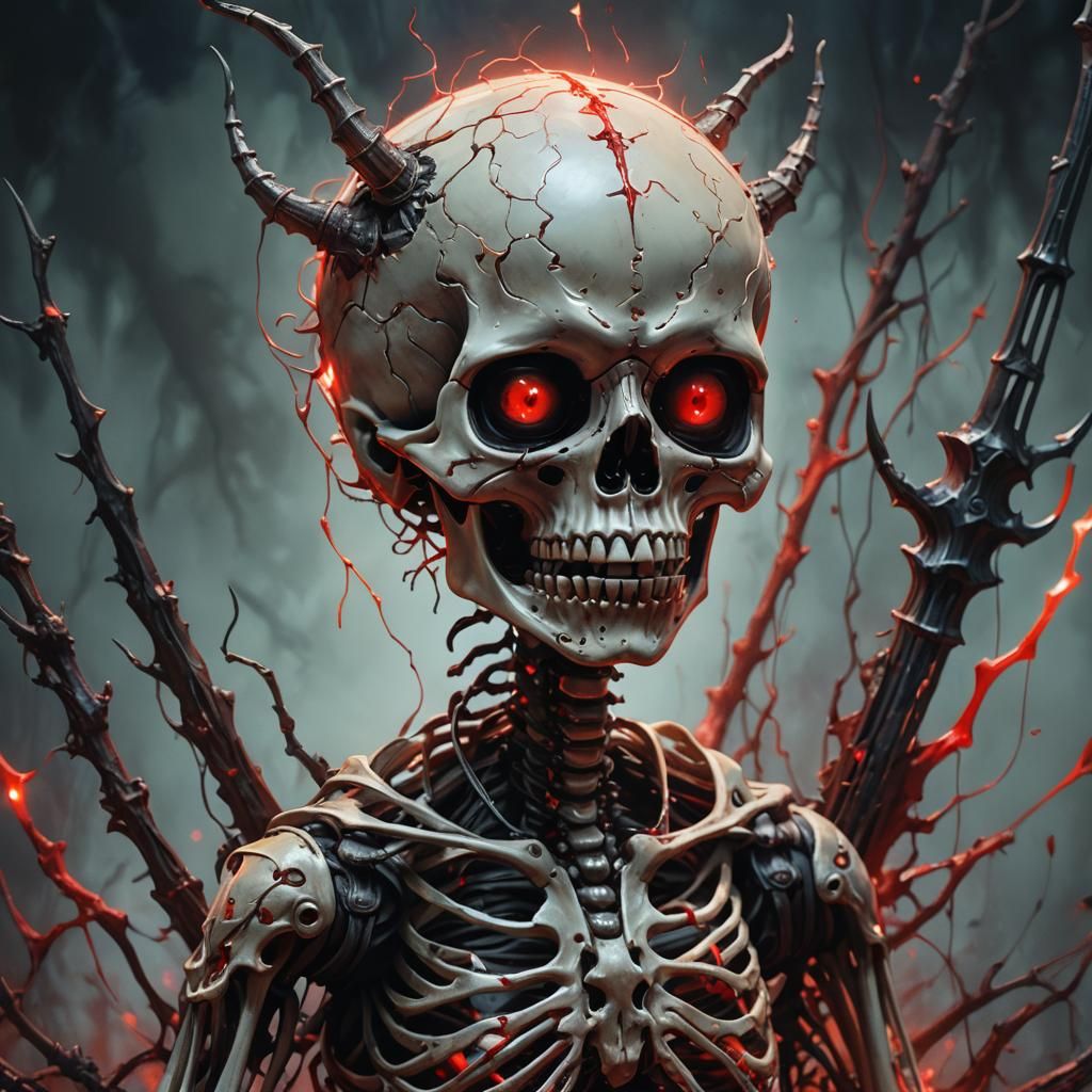 Hyperrealistic Baby Skeleton with Devil Pitchfork