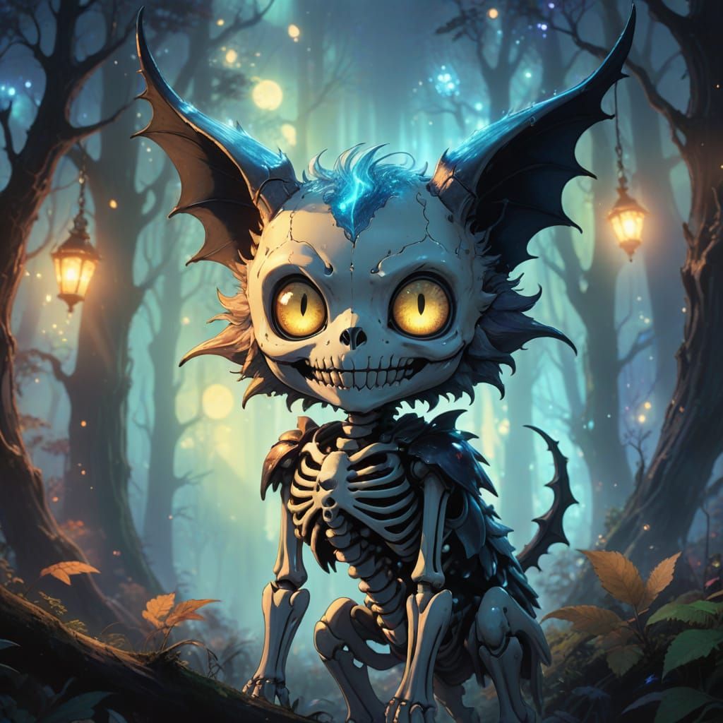 Dark Fantasy Manga Art of a Magical Adorable Skeleton Creatu...