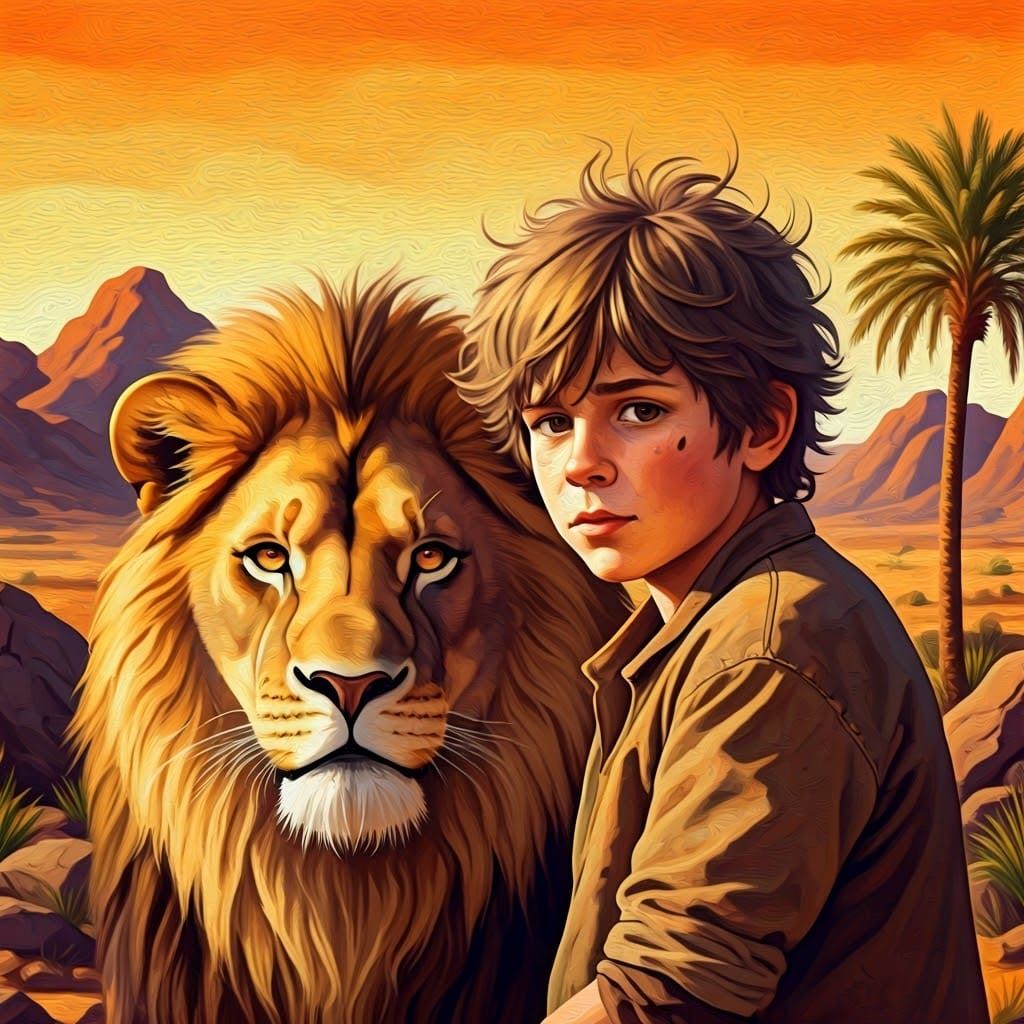 Boy and Lion in Desert: Neo-Expressionist Style