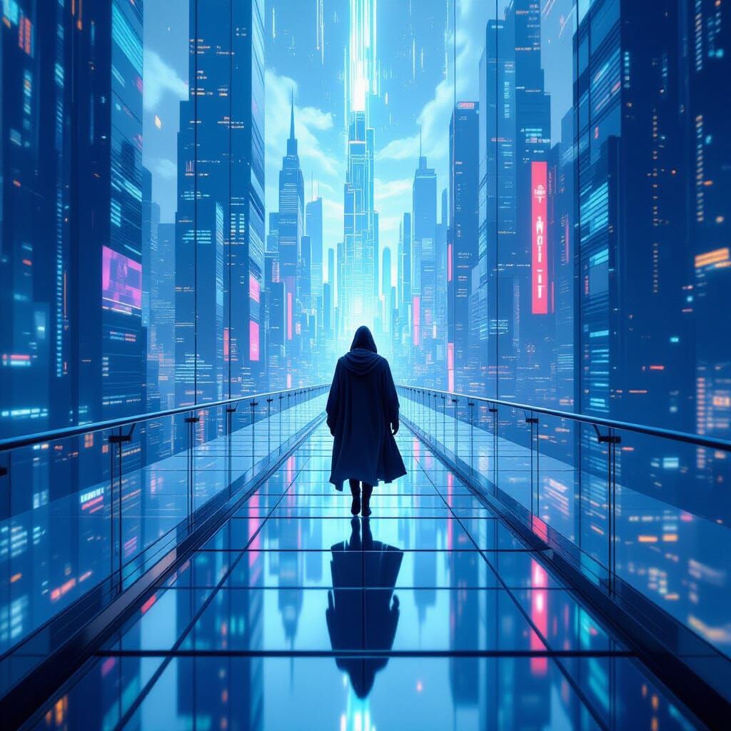Futuristic Cityscape with Glass Bridge Walker