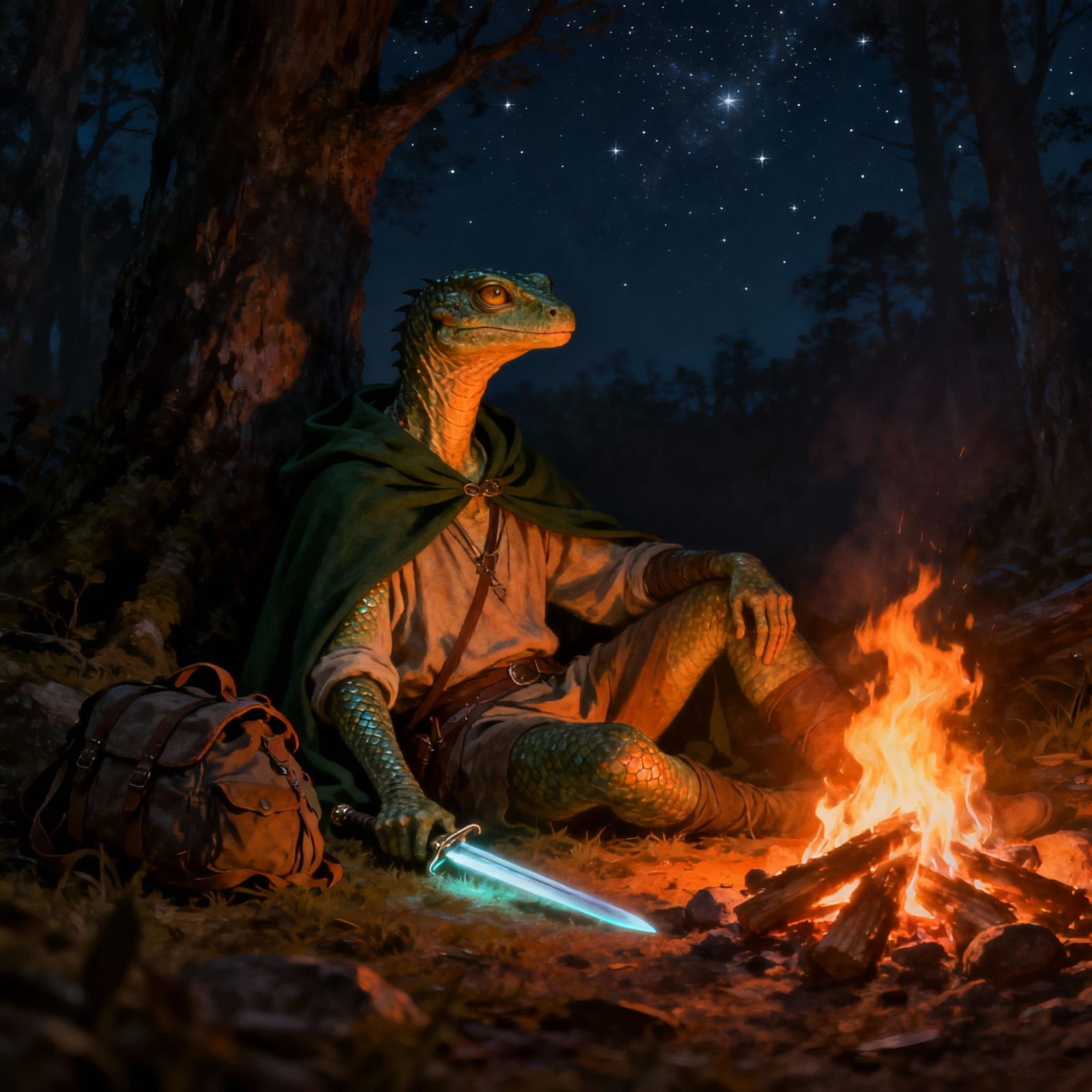 Lizardfolk Traveler Rests by Campfire in Dark Woods