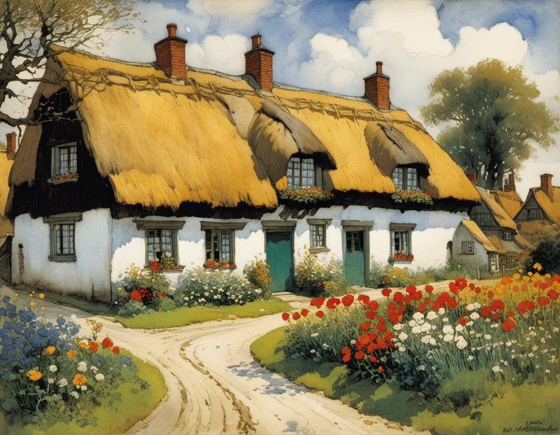 North Frisian Village Street with Thatched Houses