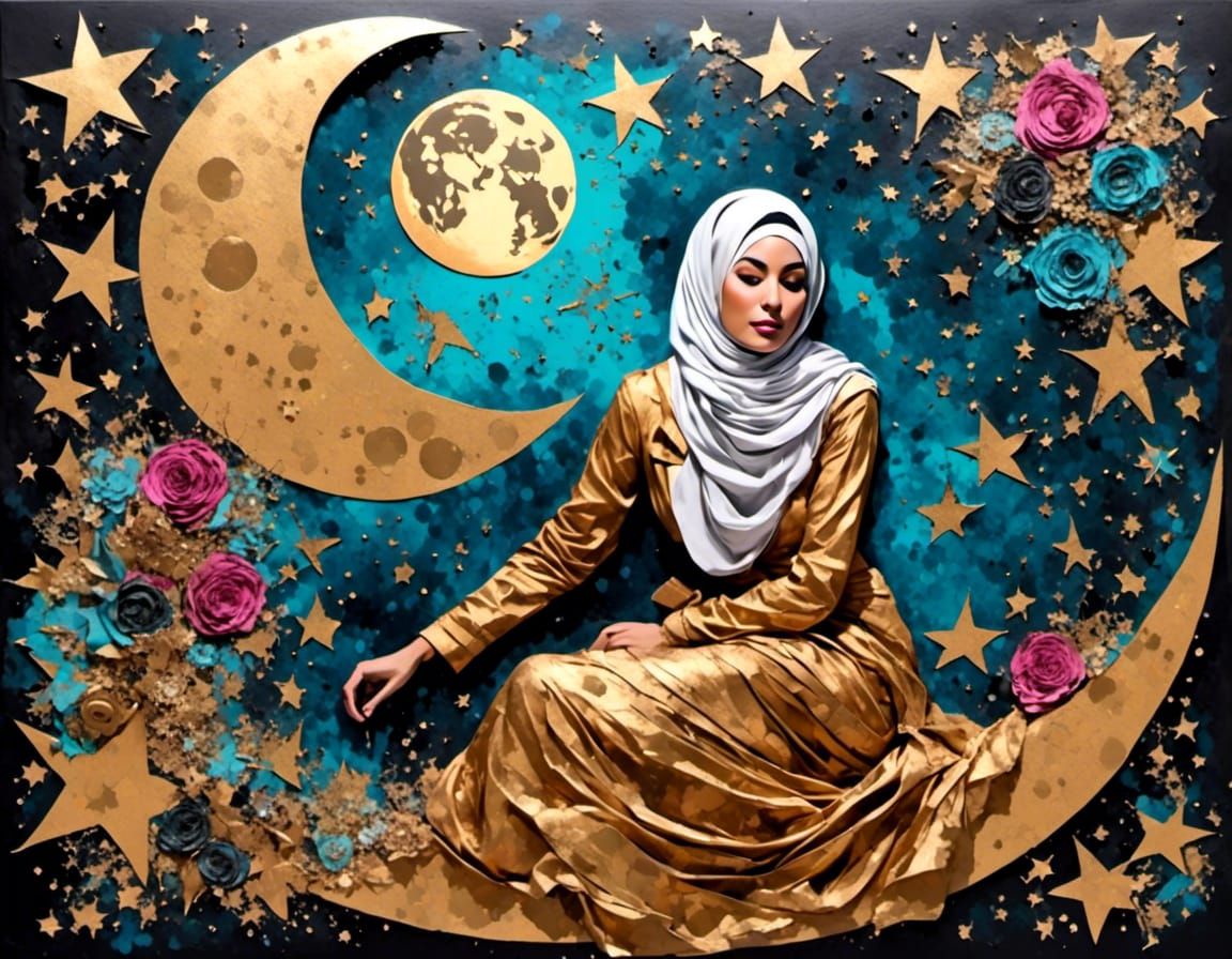 Pop Art Hijabi Woman on the Moon with Gold Leaf