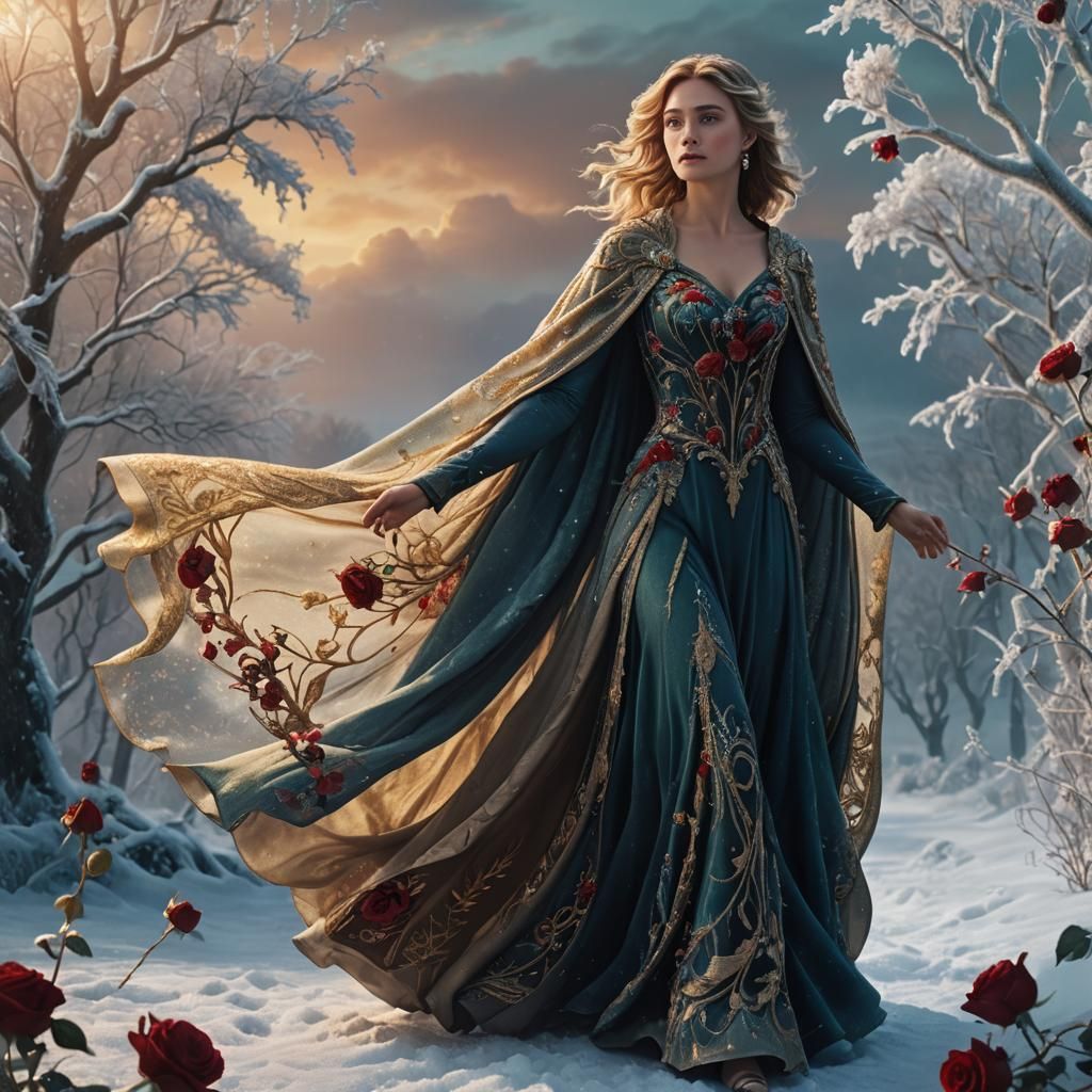 Woman in Frozen Rose Landscape, Fantasy Concept Art
