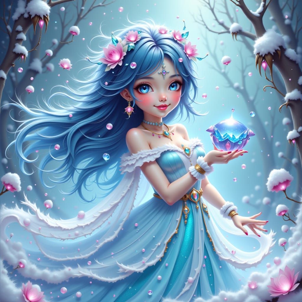 Playful Ice Queen in Ethereal Digital Art Style