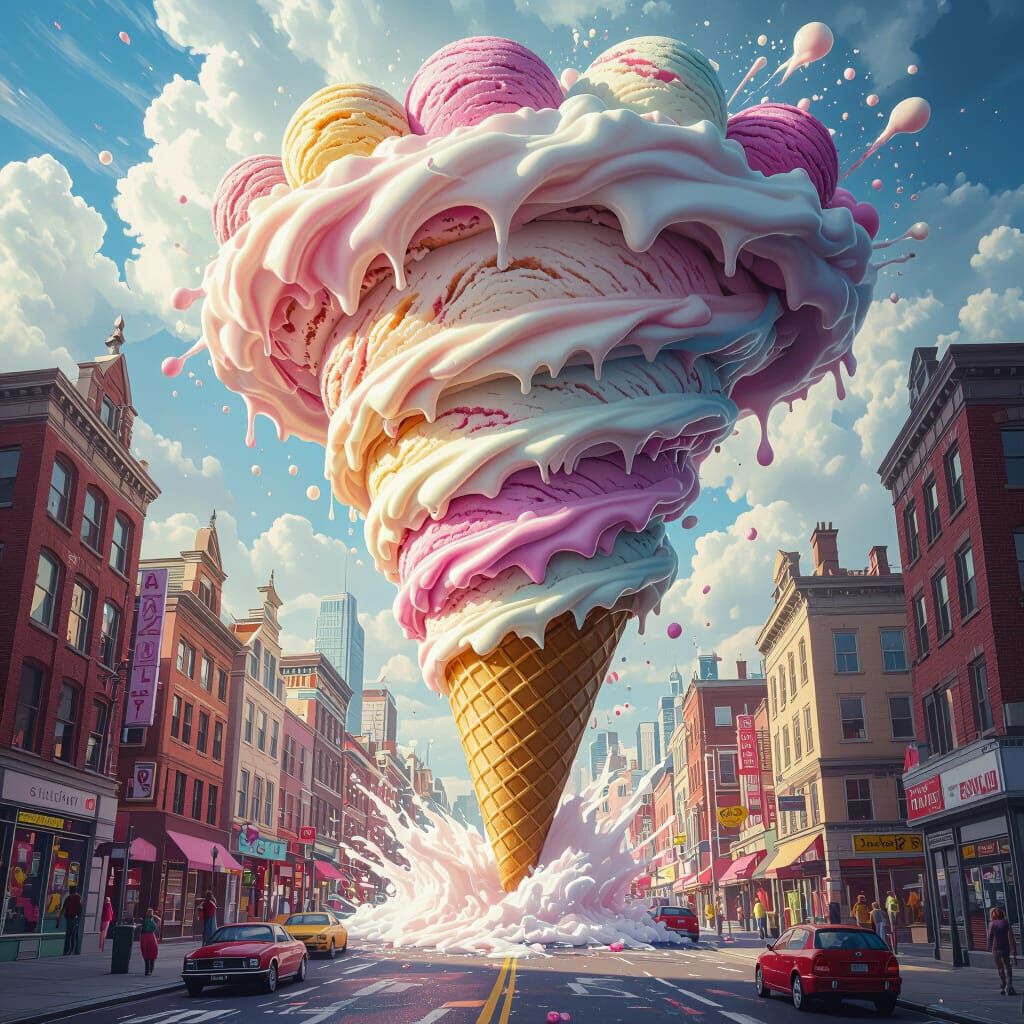 Ice Cream Tornado Transforms City: Hyperrealistic Splash Art