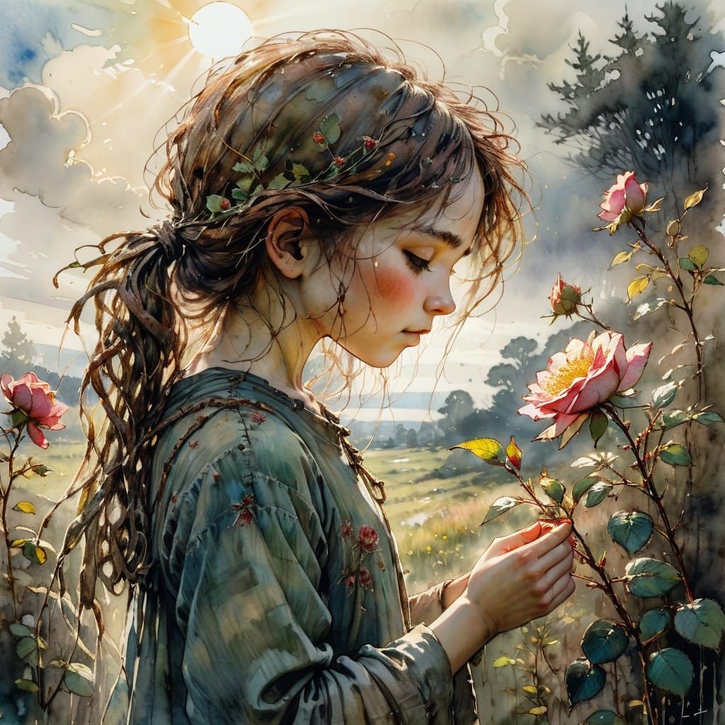 Whimsical Countryside Scene with Little Girl and Wild Rose