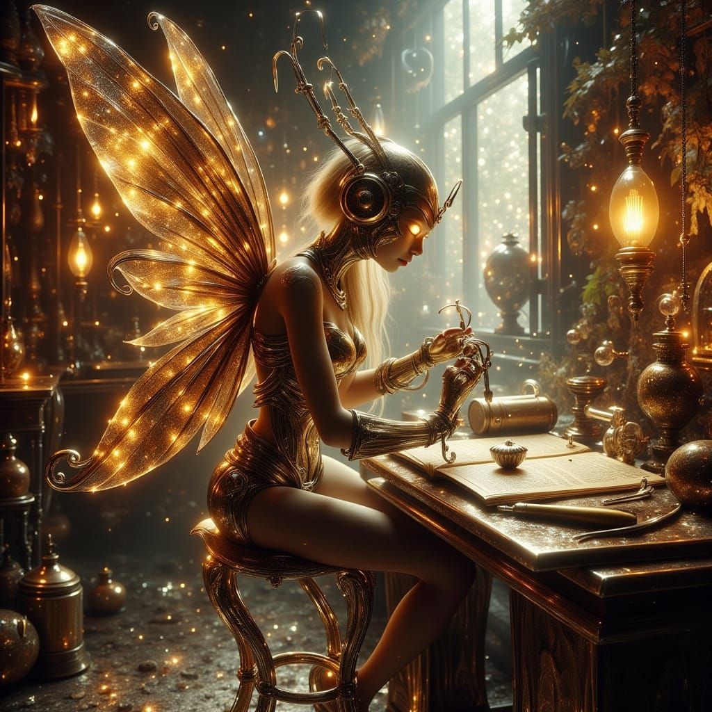 Steampunk Mechanic Fairy in Industrial Workshop