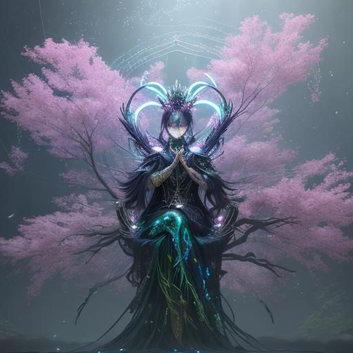 Interstellar Spider Queen in Iridescent Web Forest