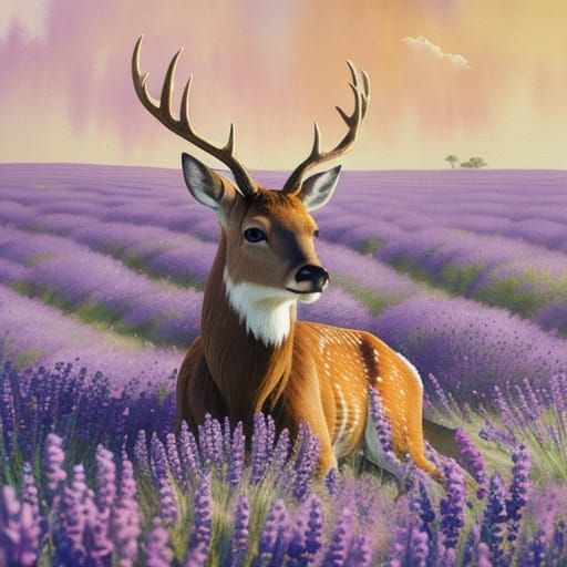 Deer in Lavender Garden: Watercolor Concept Art