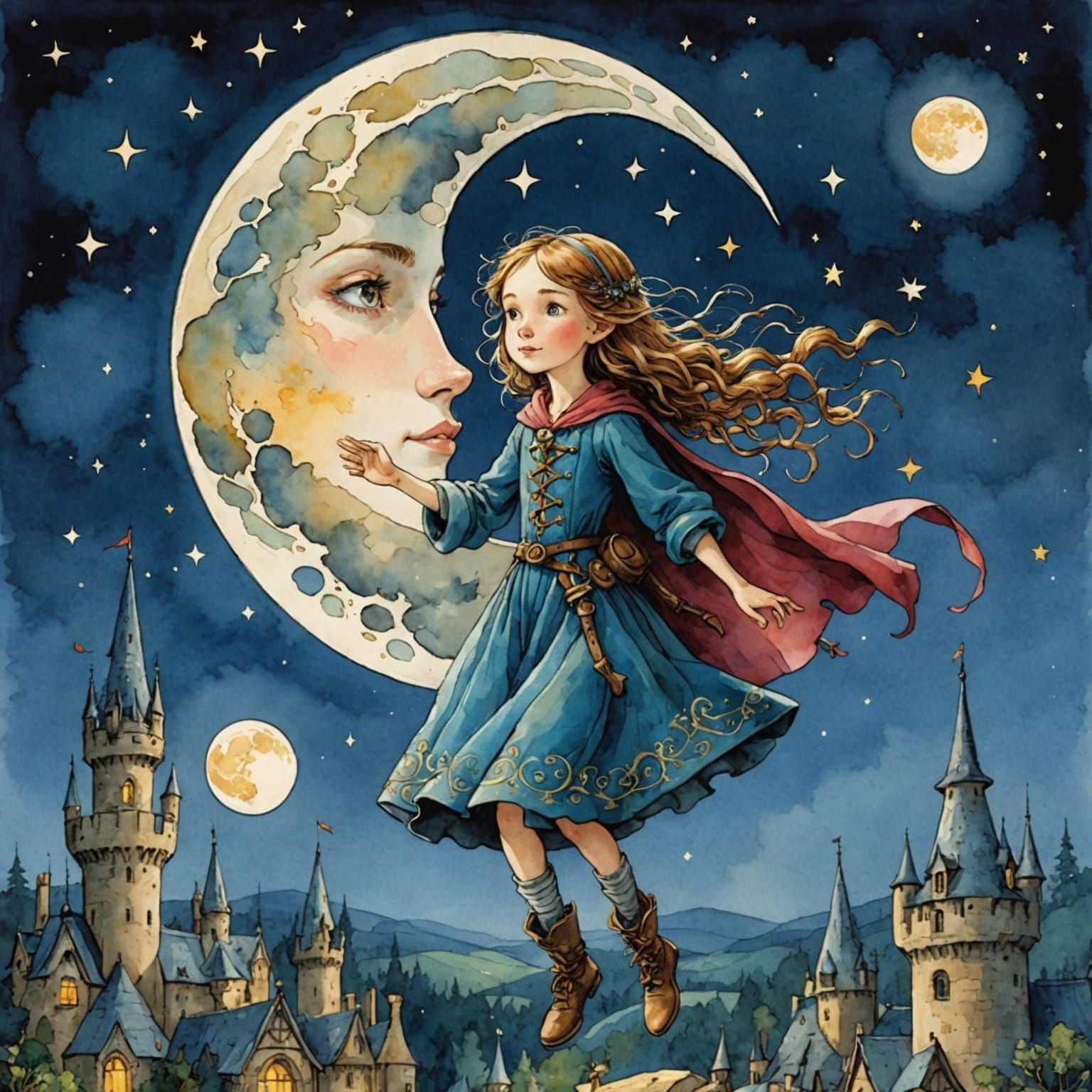 Magical Girl Conjuring the Moon in Anime Style