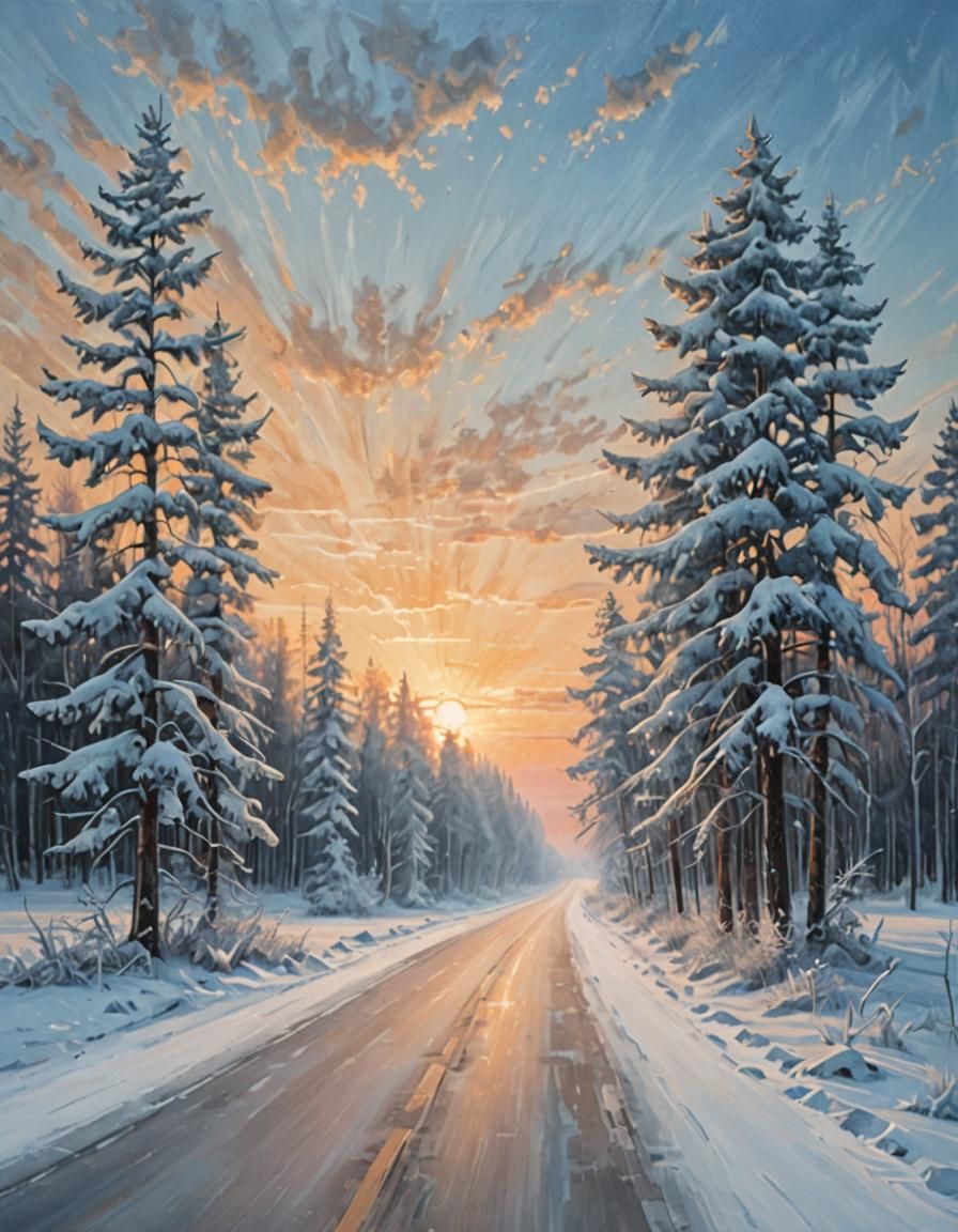 Frozen Michigan Highway in Winter Sunset