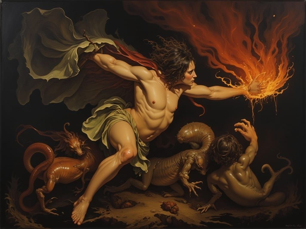 Prometheus Steals Fire from Olympus in Caravaggio Style
