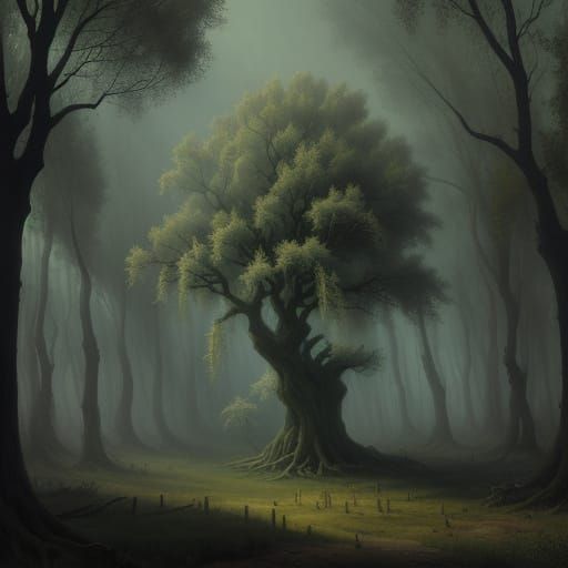 Mystical Willow Tree in a Dark Forest