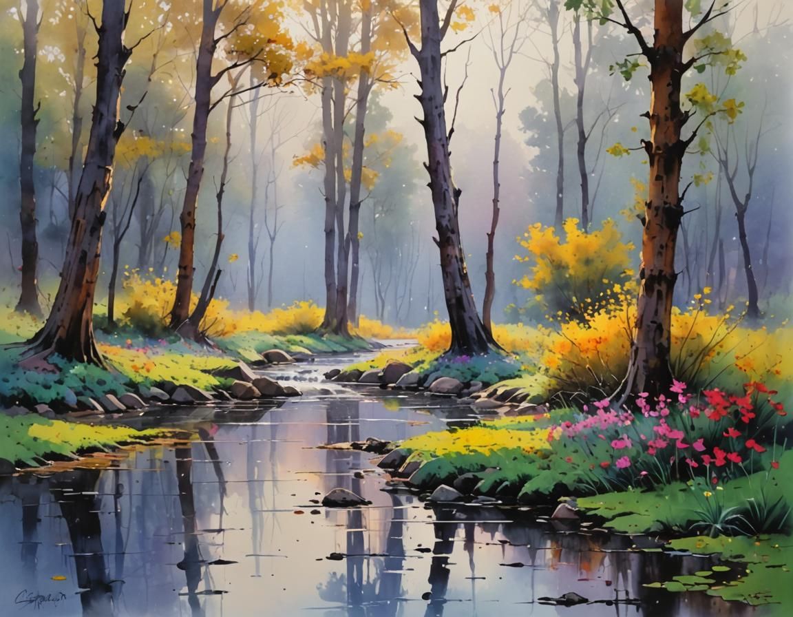 Landscape in Watercolor and Ink Style