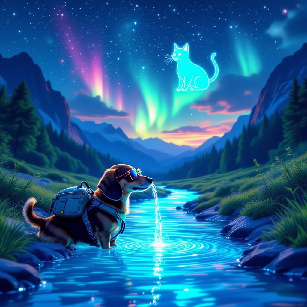 Dachshund's Neon River Adventure: Syd Mead Style