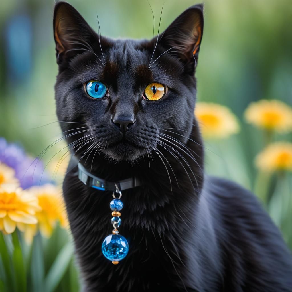Heterochromatic Black Cat in Bokeh Spring Garden