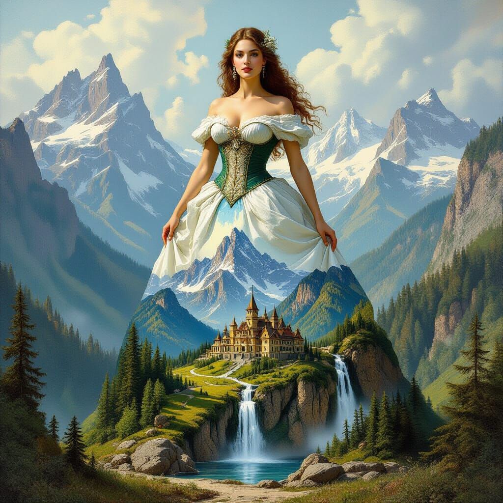 Majestic Mountain Goddess in Romantic Landscape Style