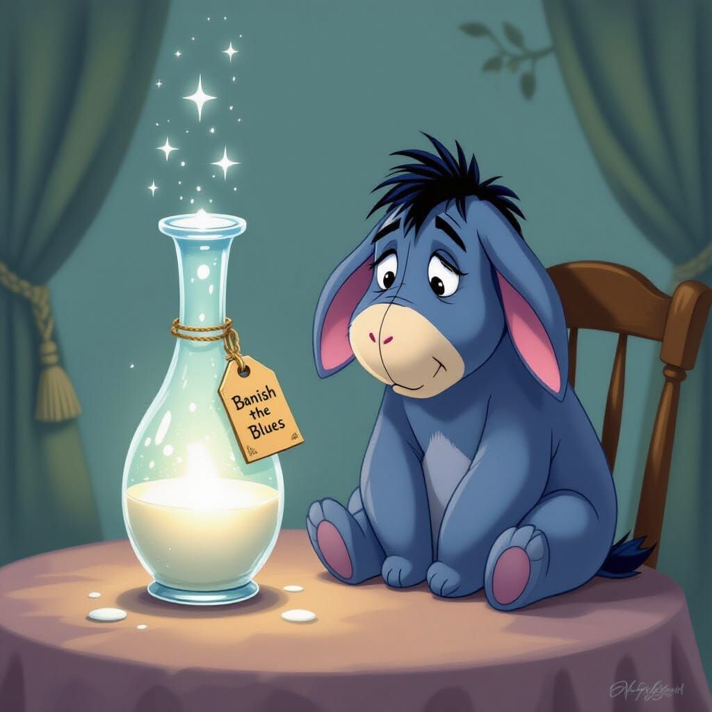 Eeyore Contemplates Potion to Banish the Blues