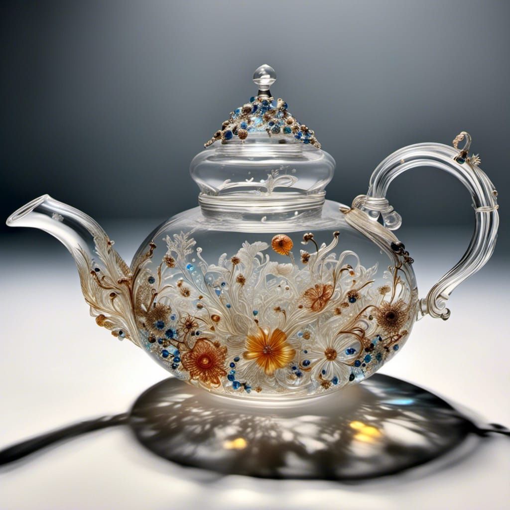 Exploding Transparent Glass Teapot in Hyperreal Detail