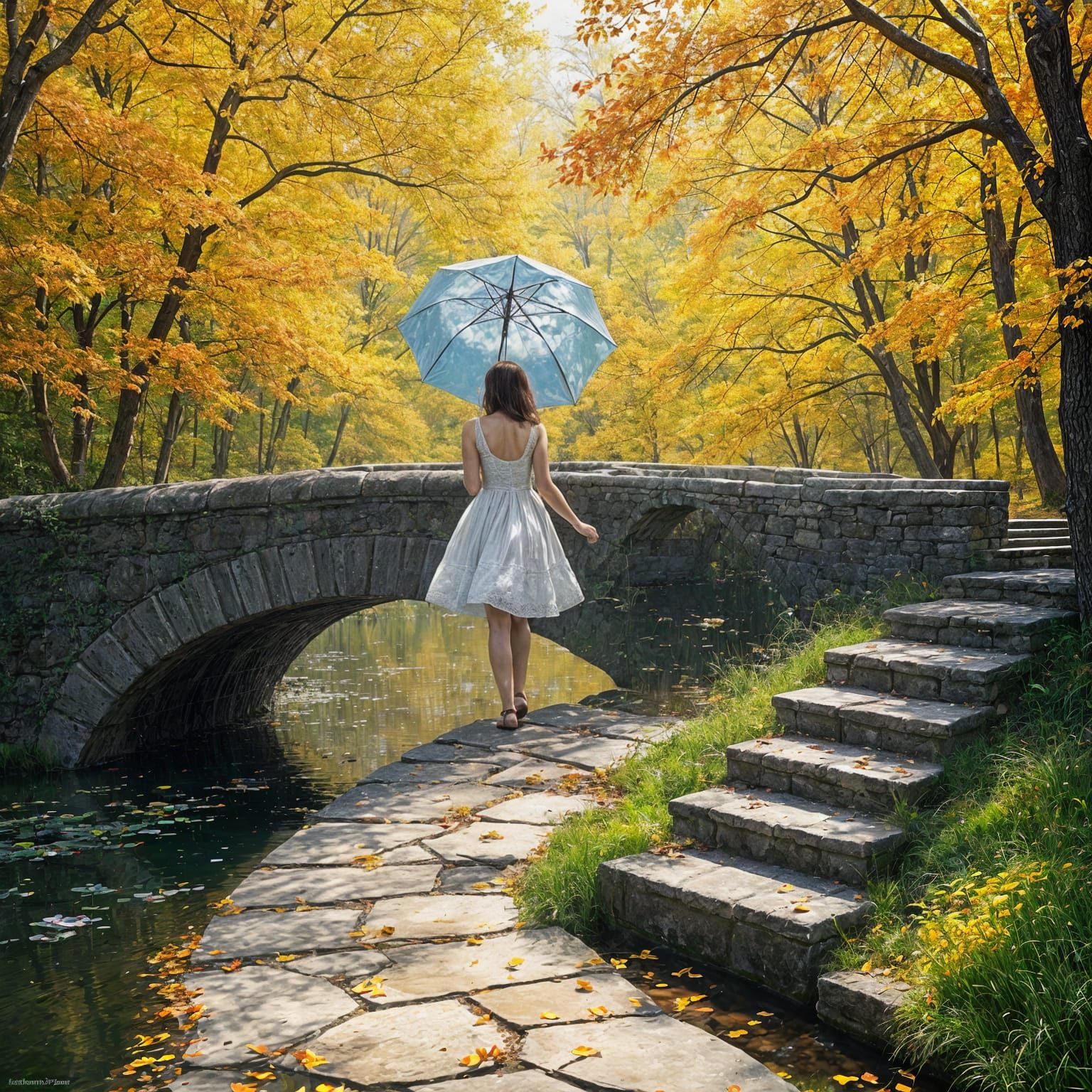 Autumn Bridge Scene in Impressionist Style