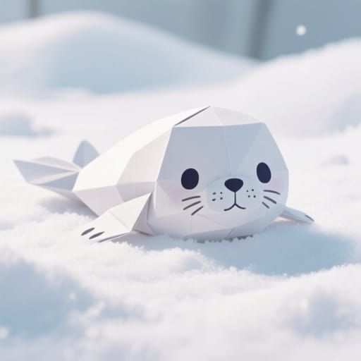 Cute Fluffy Seal Made of Paper in Snow