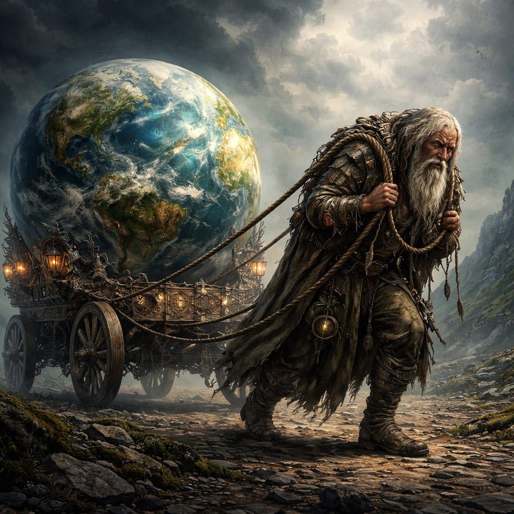 Withered Man Pulls Planet Earth on Wheels