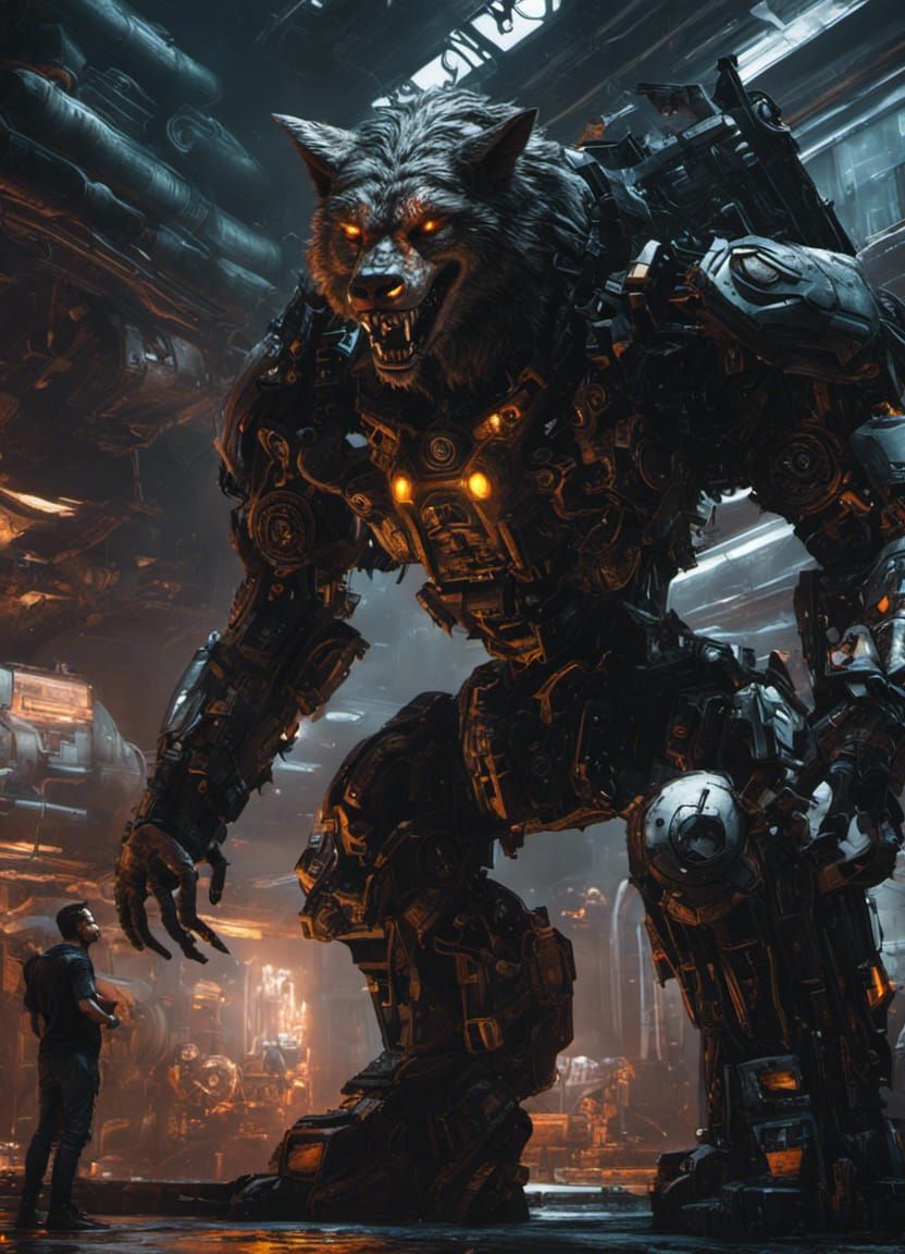 Werewolf Gazes Up at Grunge Neon Mech