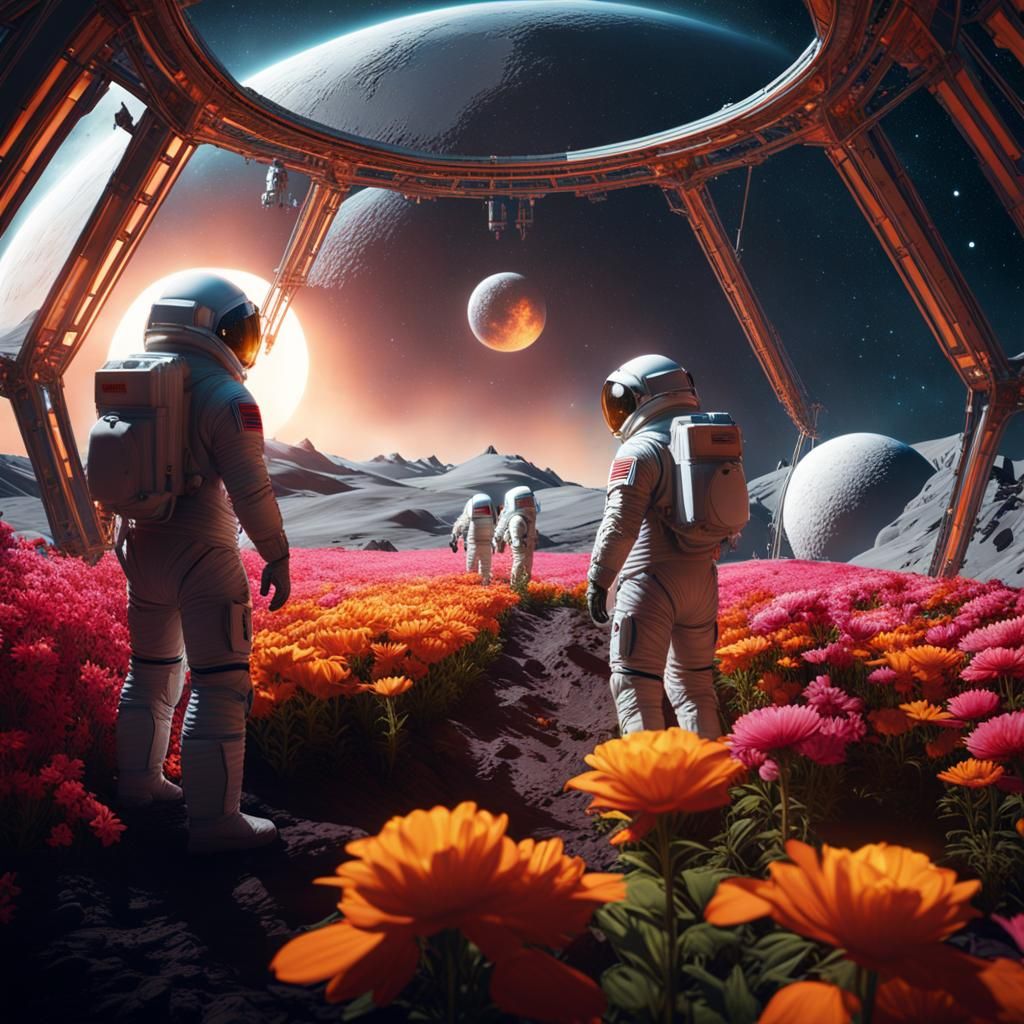 Four Space Explorers in Vibrant Lunar Garden
