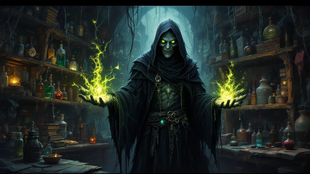Grim Witch Casting Spell in Eerie Magic Shop