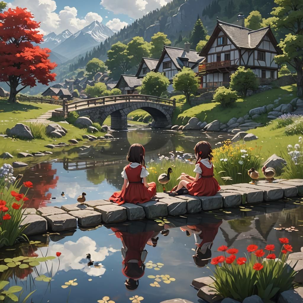Girls on Bridge Watching Ducks in Anime Style