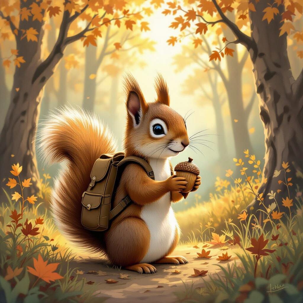 Whimsical Squirrel in Forest, Beatrix Potter Style