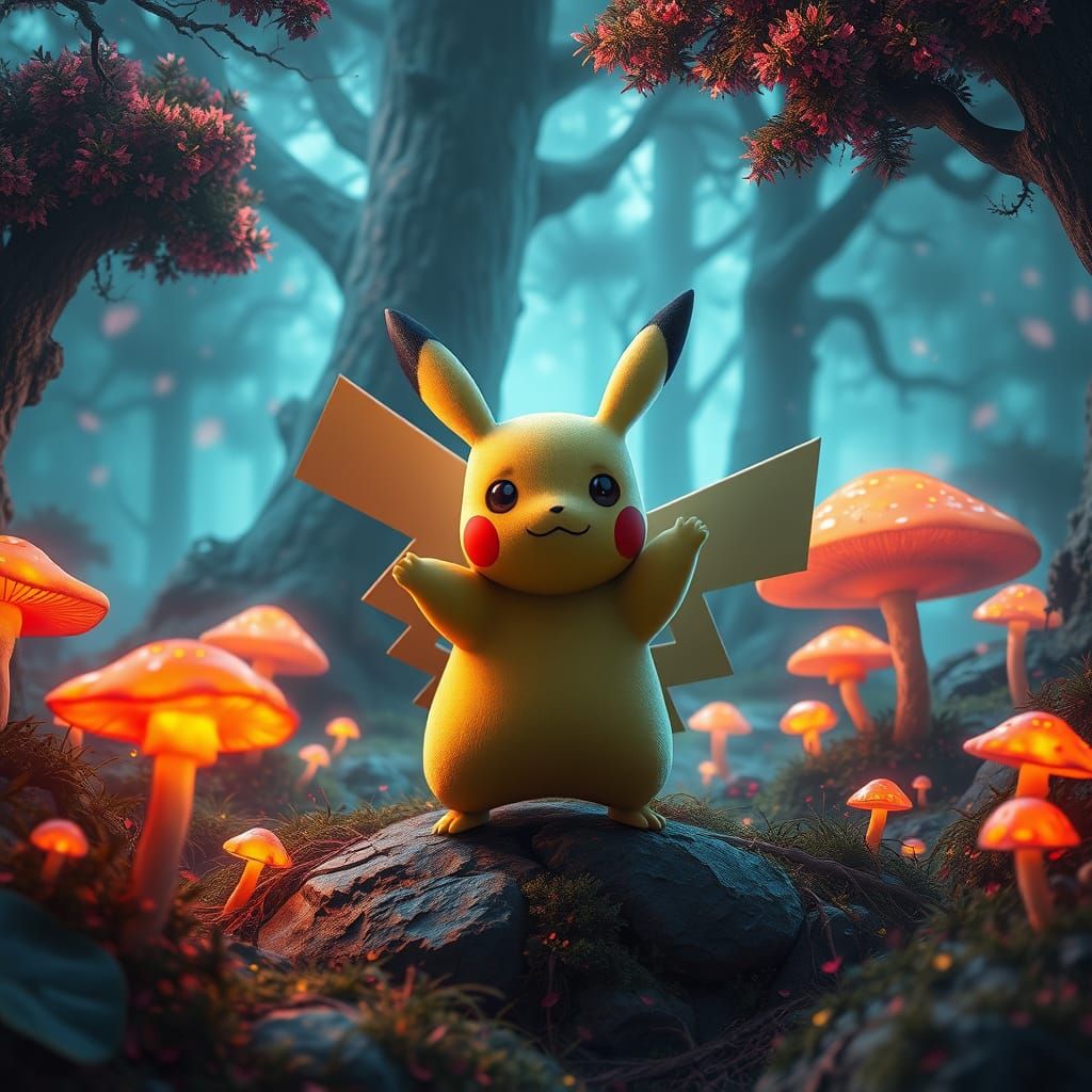 Pikachu in Vibrant, High-Fantasy Landscape